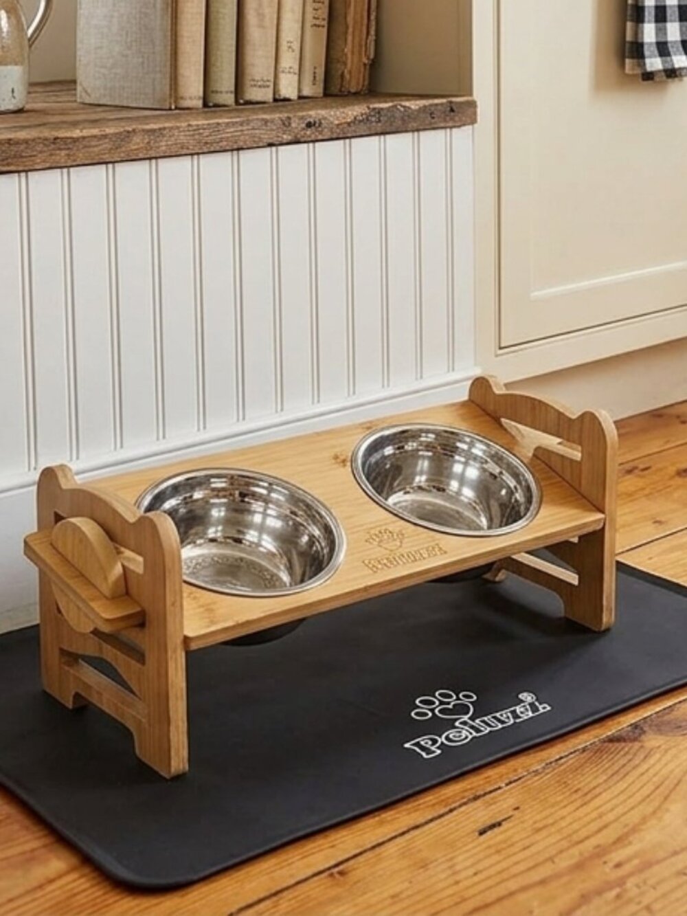 Bamboo Raised Feeder with Bowls and Mat